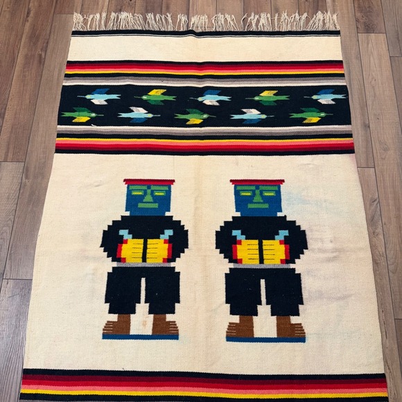 Other - Vintage Zapotec Mexican Wool Rug Handwoven Pictorial Figural Birds 48x80 Oaxacan